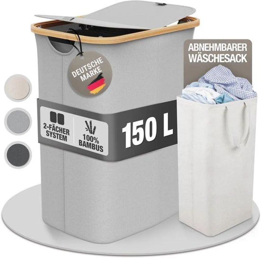 Panier à linge 150L en bambou avec trieur 2 compartiments gris clair