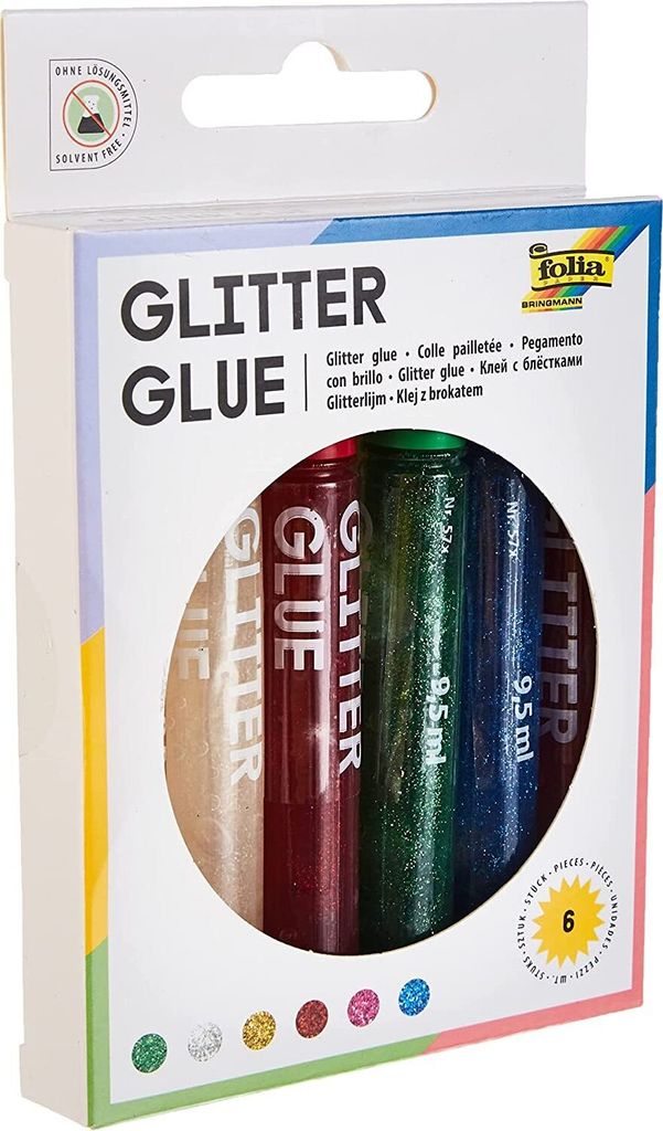 folia Glitzerkleber "Glitterglue" 6 Stück á 9,5 ml farbig sortiert