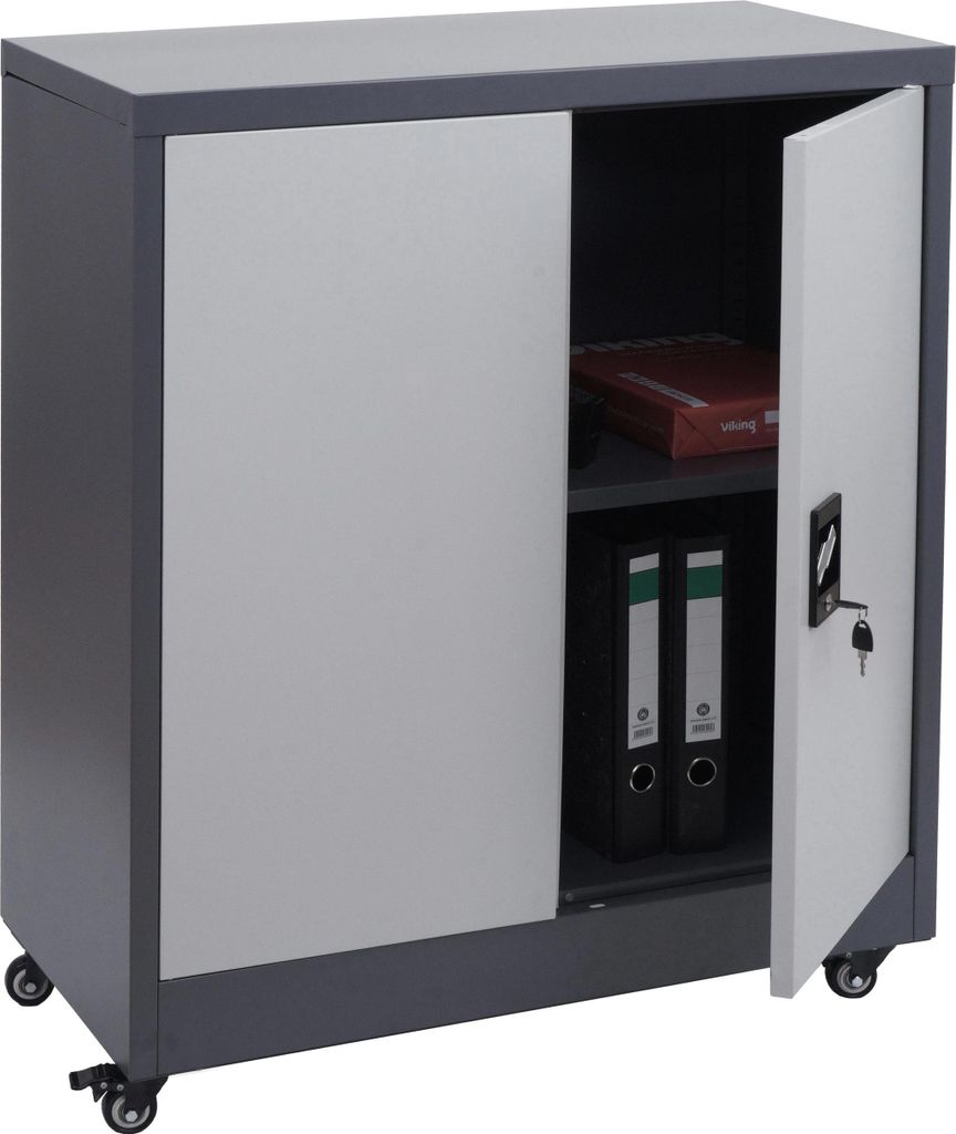Aktenschrank HWC-O50, Büroschrank Stahlschrank mit Rollen, 2 Türen abschließbar, Stahl 98x80x40cm dunkelgrau hellgrau