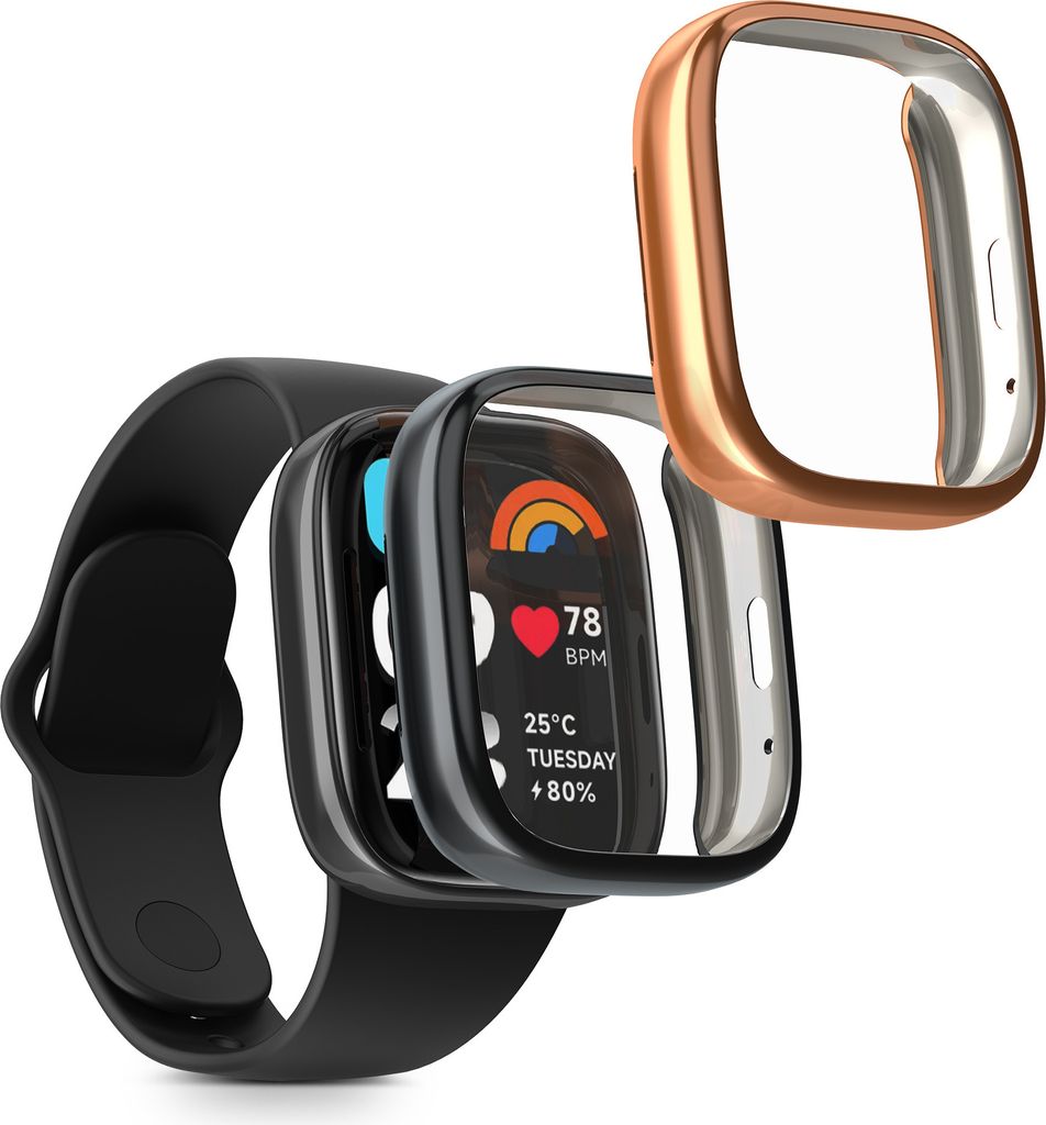kwmobile 2x Silikon Hülle für Xiaomi Redmi Watch 3 Active Schutzhülle - Fullbody Display Cover Set aus Silikon - Schwarz Rosegold