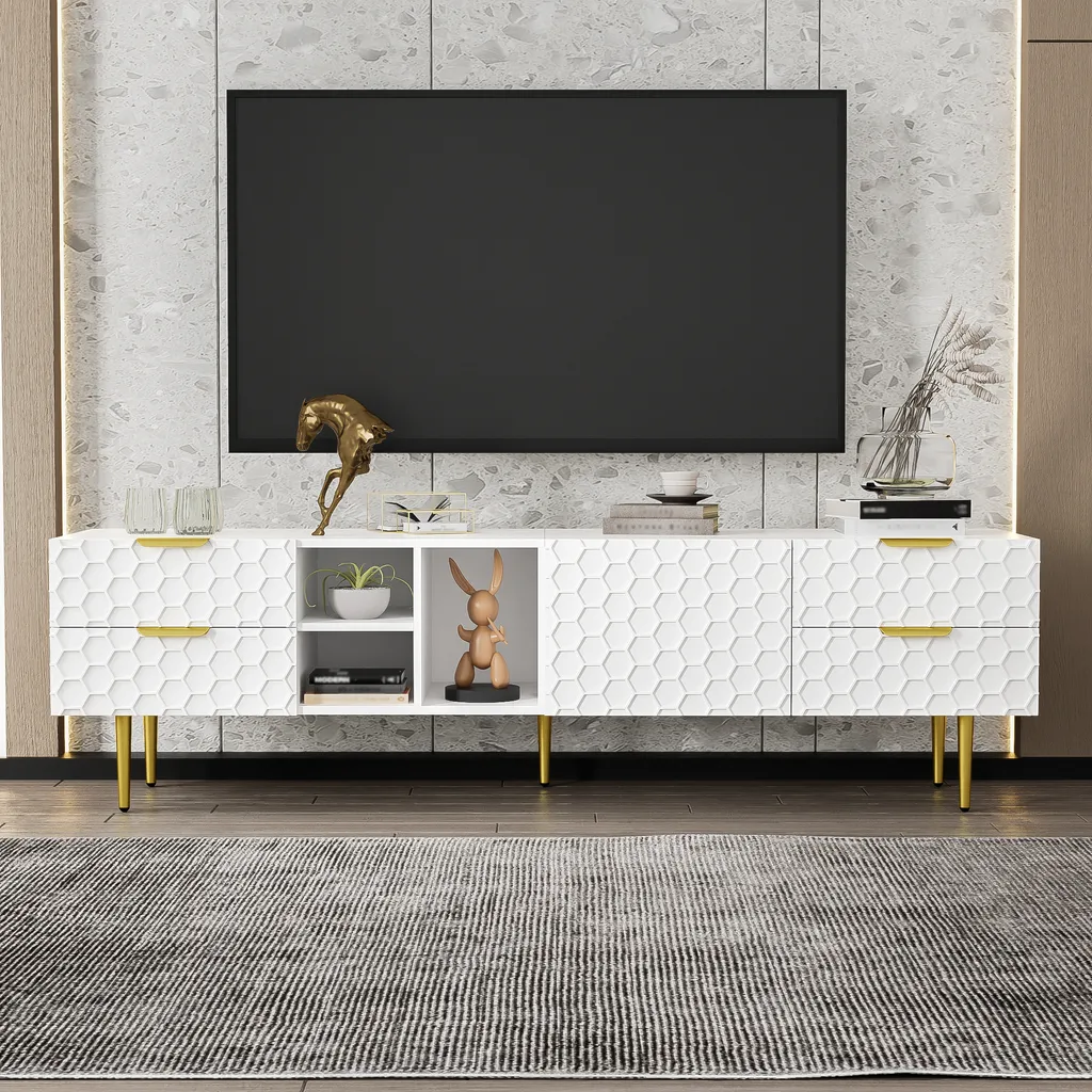 Meuble TV Blanc et Or avec 4 Tiroirs et Portes aux Textures Relief