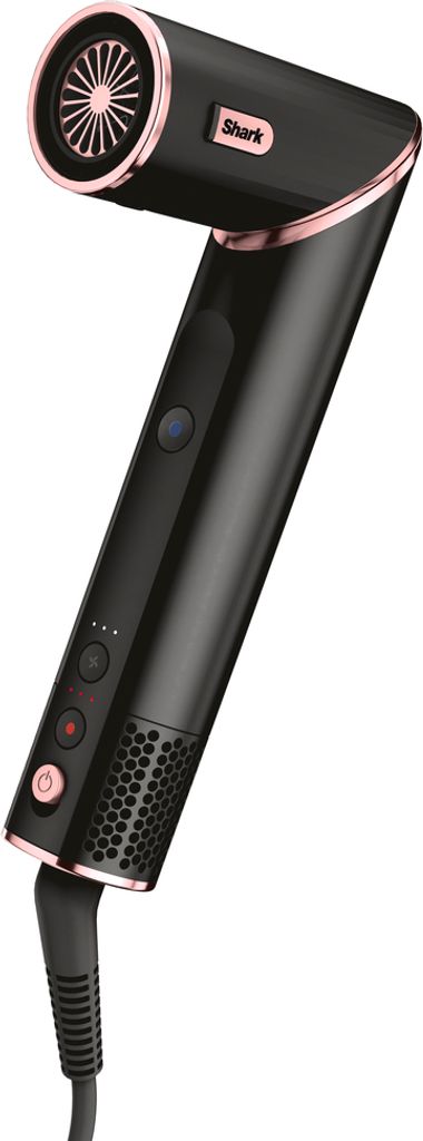 A black Shark hair dryer with rose gold accents is shown against a white background.