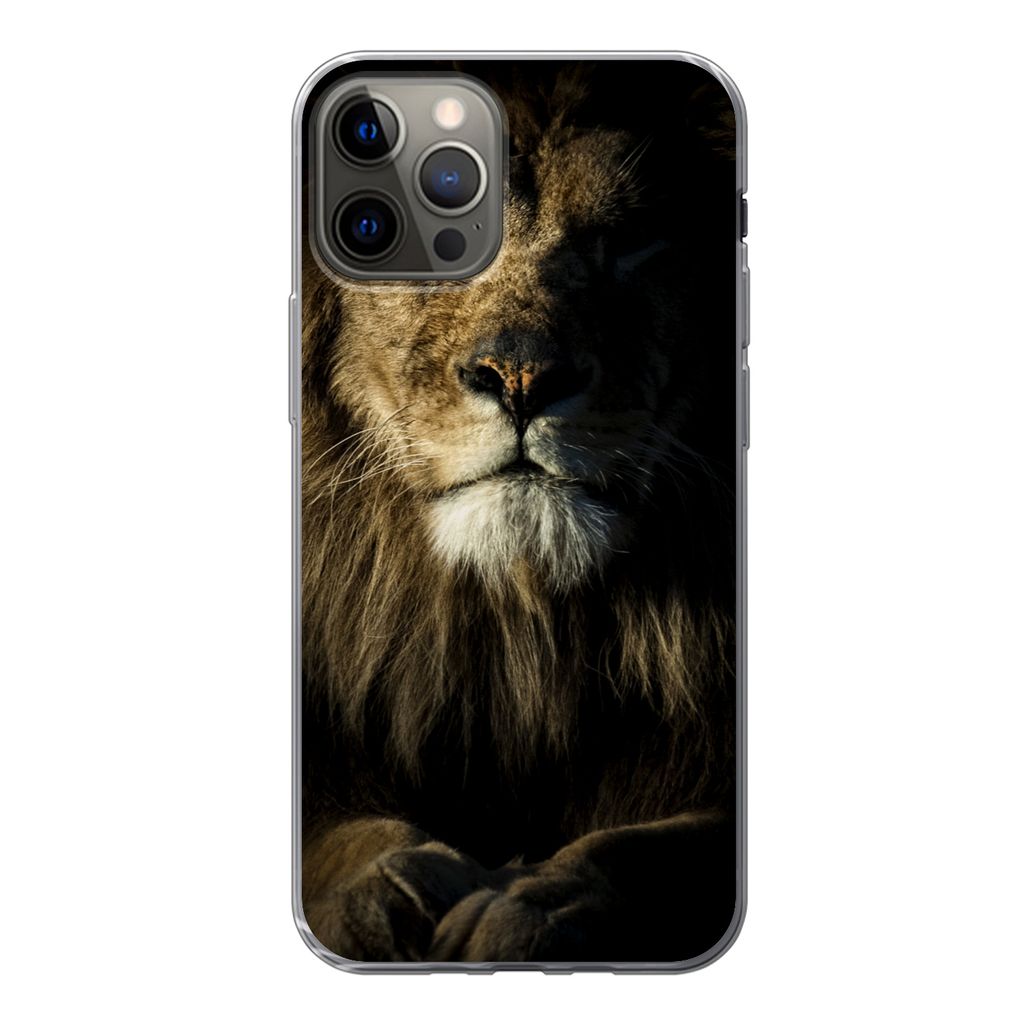 MuchoWow Handyhülle Schutzhülle Hülle für iPhone 12 Pro Löwe - Licht - Schwarz Silikon Softcase Handy Hülle - Abdeckung