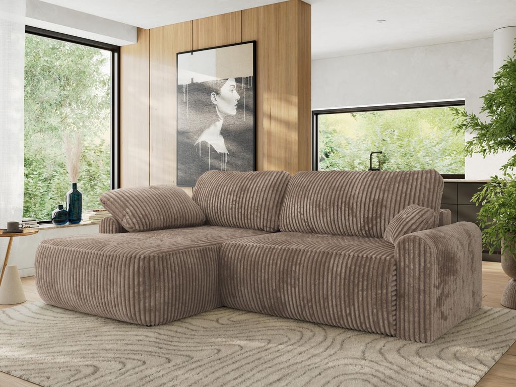 MKS MEBLE Ecksofa CUBO L-form, lose Kissen, Ecksofa 273x187x100 cm mit Schlaffunktion, Bettkasten - Braun Cord - Links Seite