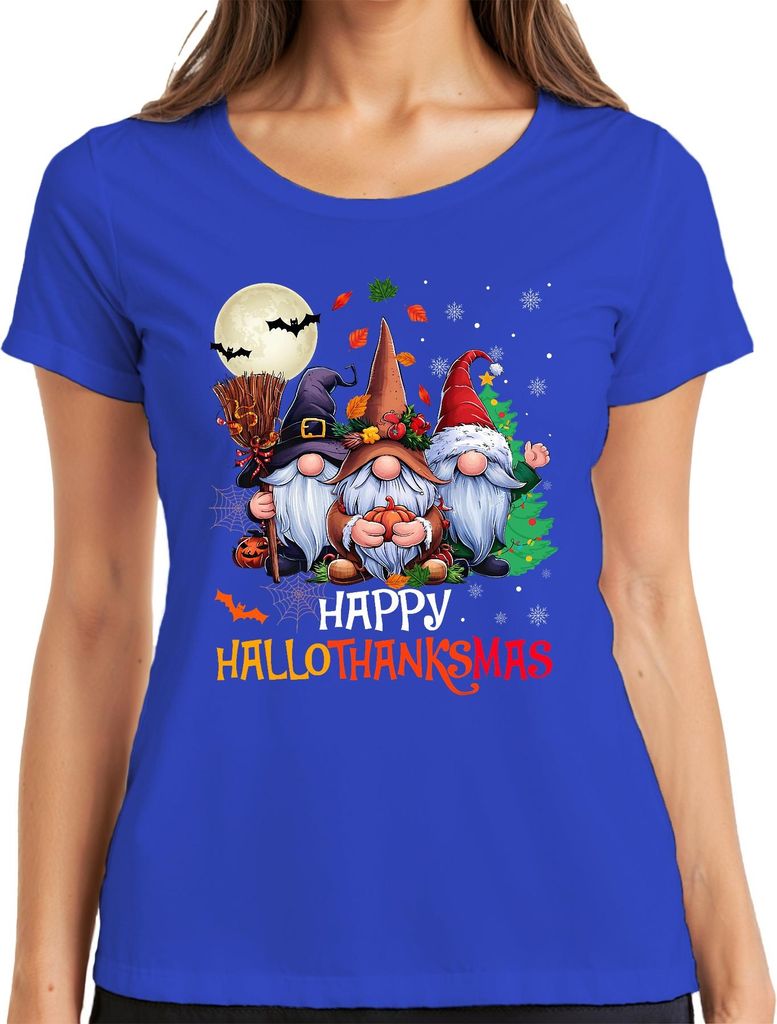 Happy Hallothanksmas Gnom Halloween Erntedank Weihnachten Vintage Damen T-Shirt, Blau, 3XL