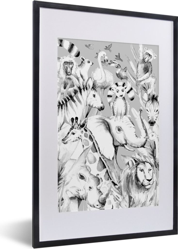 MuchoWow Gerahmtes Poster Wasserfarben - Tiere - Flamingo - Elefant - Jungen - Blau - Kinder - Kind 40x60 cm - Poster mit Schwarzem Bilderrahmen ...