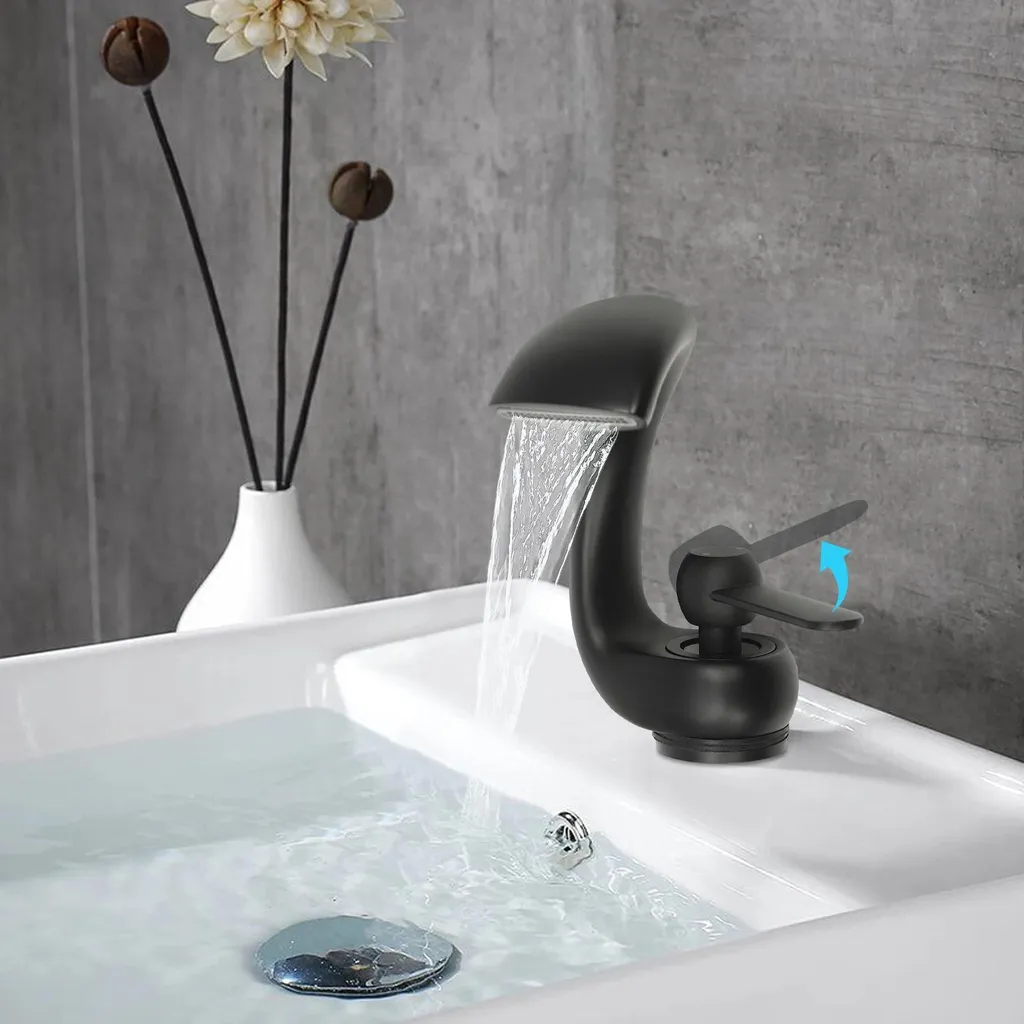 Rubinetto Per Lavabo A Cascata Nero – Miscelatore Monocomando In Ottone, Beccuccio Alto 110 Mm, Design Moderno Per Bagno - 3