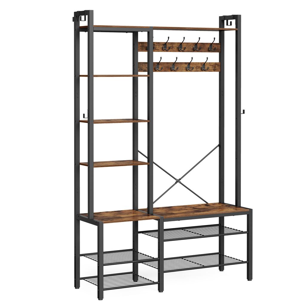 A metal and wood coat rack with shelves and a bench.