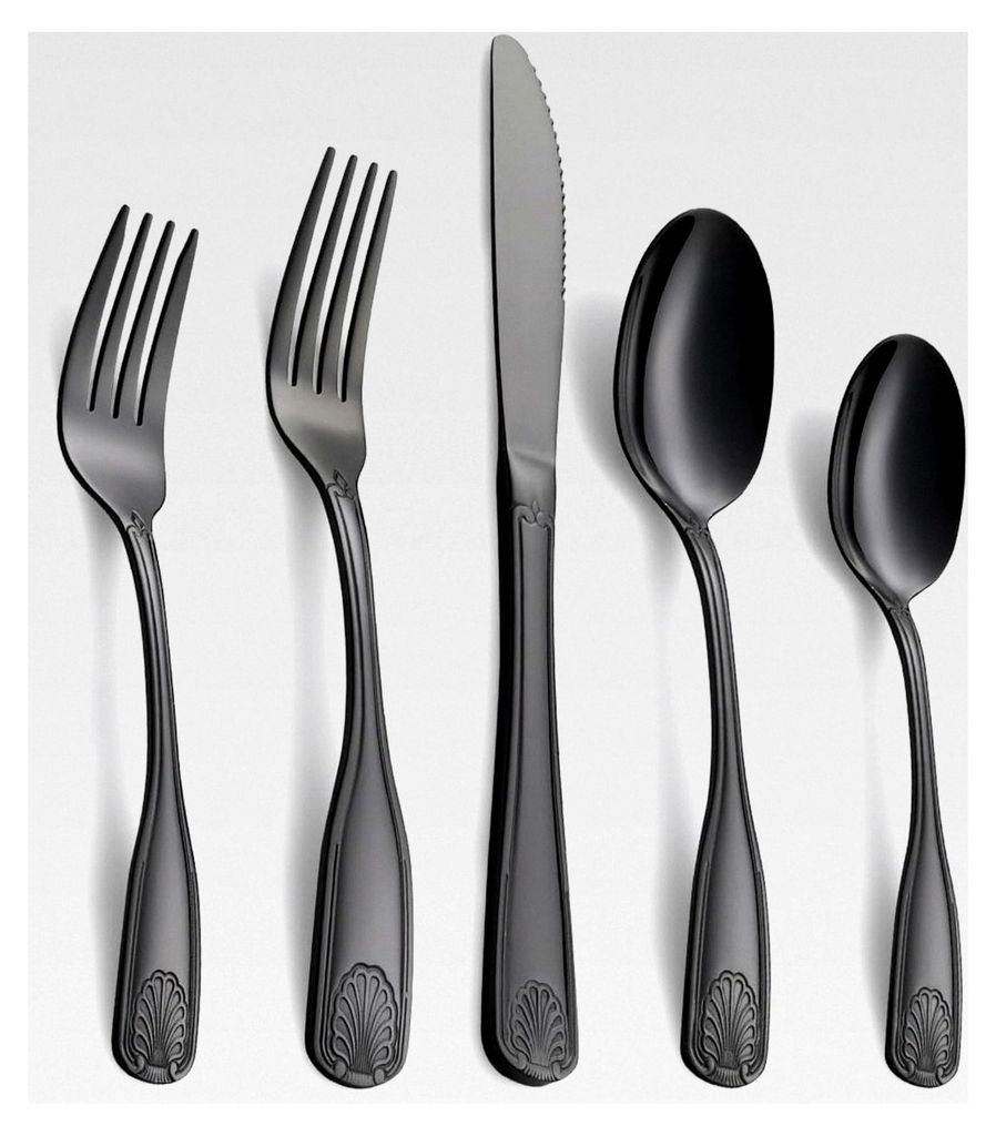 20-teiliges schwarzes Besteckset aus Edelstahl für 4 Personen mit Muschel-Design, spiegelpoliert und spülmaschinenfest