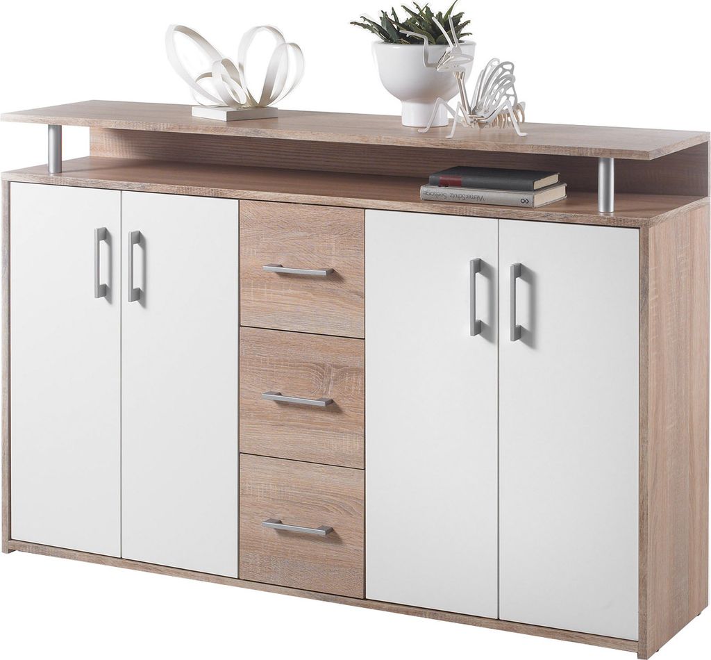 A modern sideboard with white doors and wood-tone drawers and frame, displayed against a white background.