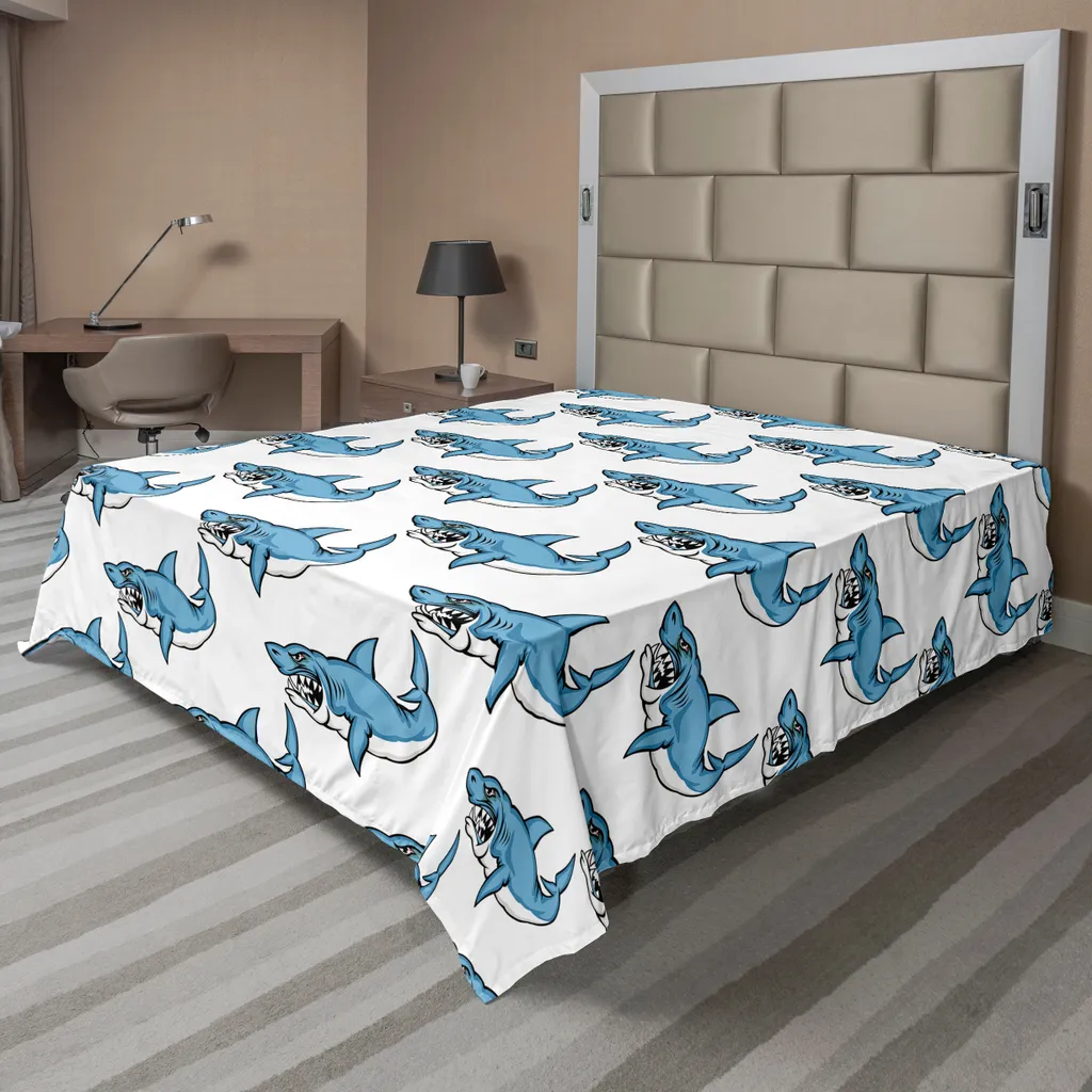 Drap Plat Requin Anti-Plis et Facile à Repasser pour Lit Bleu 1 Pièce