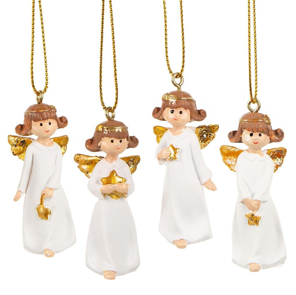 4 Engel mit Schnur zum Aufhängen - weiß Gold Weihnachtsengel 5 cm