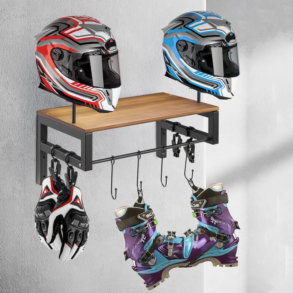 Helmhalterung Wand, Motorradhelm Halterung mit 4 Clips und 4 Haken, Helm Halterung Wandorganizer, Motorradhelm Display Organizer