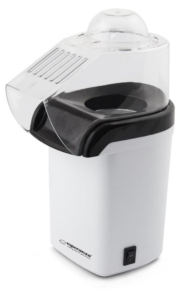 A white and black popcorn maker is shown against a white background.