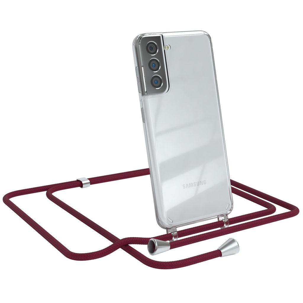 EAZY CASE Handykette kompatibel mit Samsung Galaxy S21 5G, Handyhülle mit Umhängeband, Handykordel, Schutzhülle Clear, Band in Rot