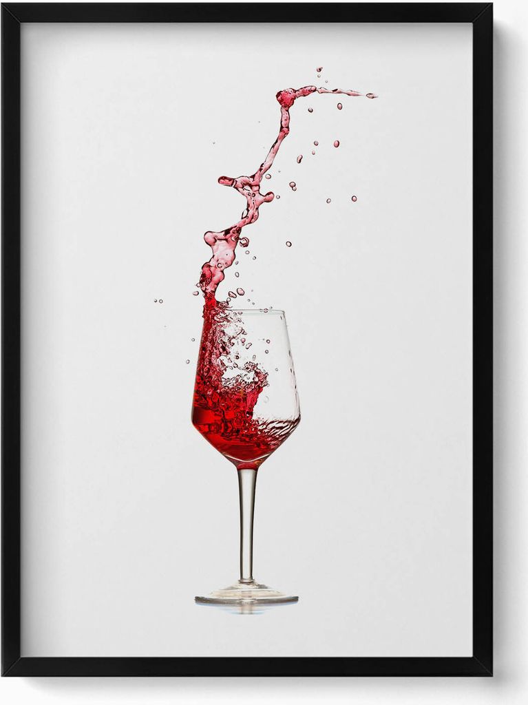 Glas mit überfließendem Rotwein– Wandbild mit Rahmen – Gerahmtes Bild – Wanddekoration – 50x70 cm – Schwarz Rahmen