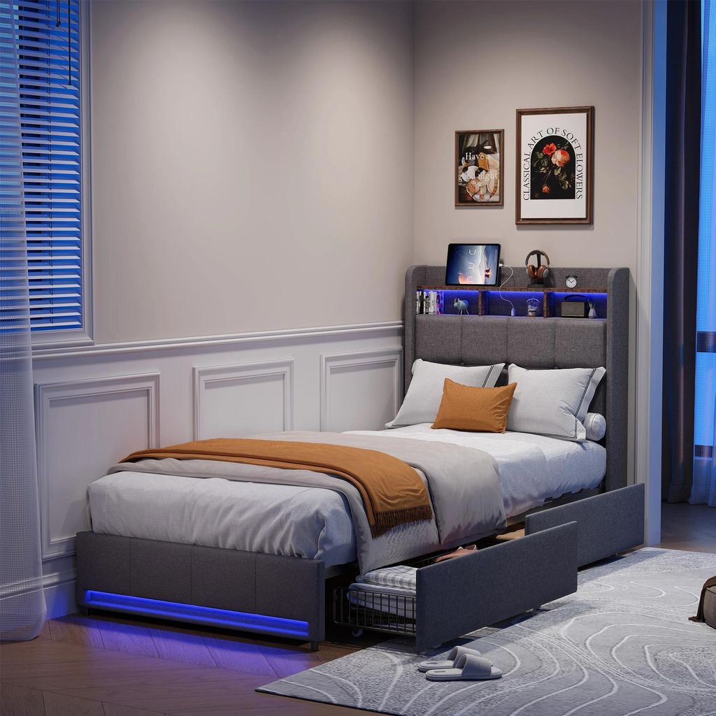 Einzelbett 90x200 cm - Holzbett - LED-Beleuchtung - USB-Ladefunktion - Stauraum mit Schubladen - Beige