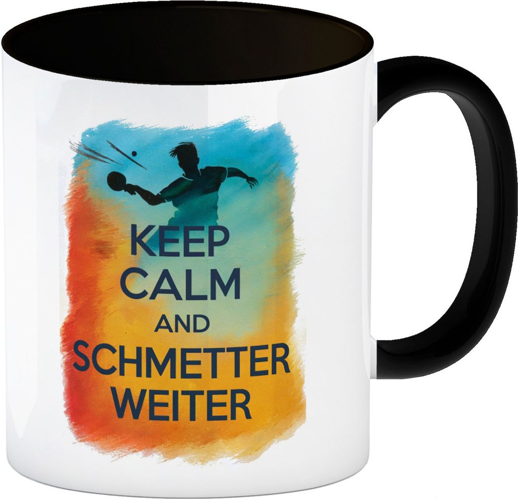 Tischtennisspieler in Aktion Kaffeebecher in schwarz Keep Calm und Schmetter