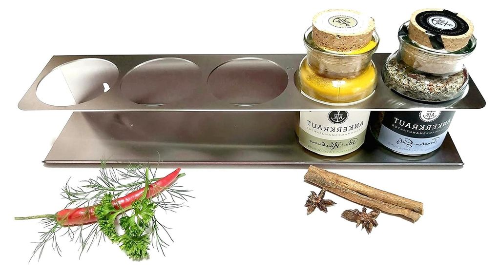 Gewürzregal für 5 Ankerkraut Korkengläser aus Edelstahl, als Stand- oder Hängeregal, Silber, 350x85x60mm