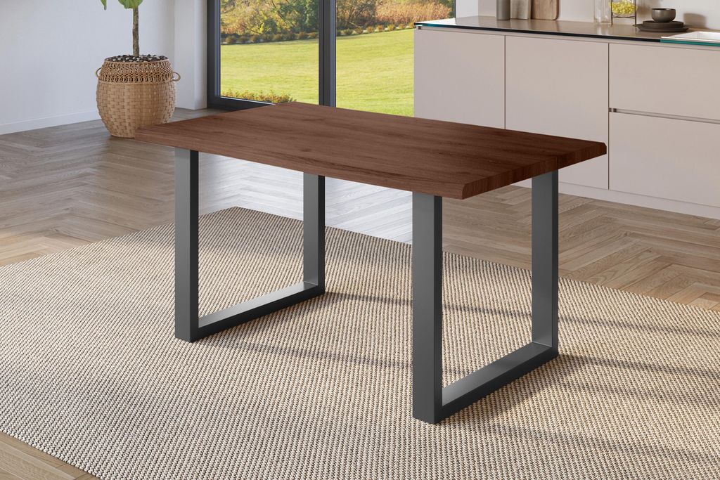Esstisch 140x80 cm Baumkante Holz Nussbaum-Optik U-Gestell Metall schwarz JULIUS