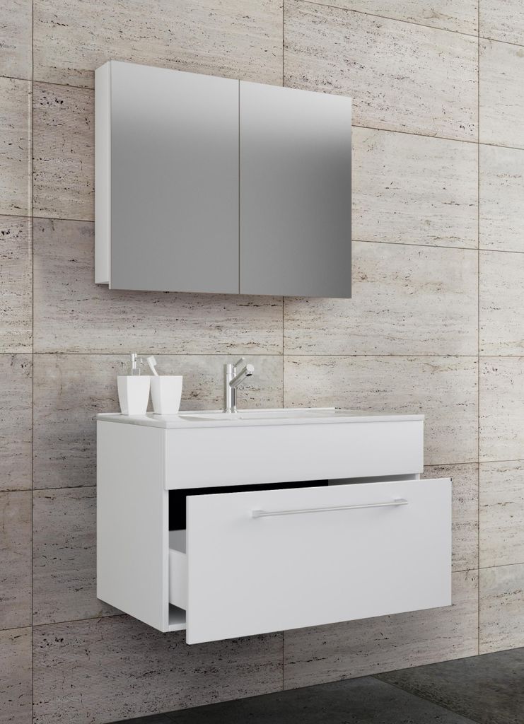 VCM 3-tlg. Waschplatz Waschtisch | Waschbecken Unterschrank Breite 80 cm | Badmöbel Set hängend mit einer Schublade Spiegelschrank | Badinos
