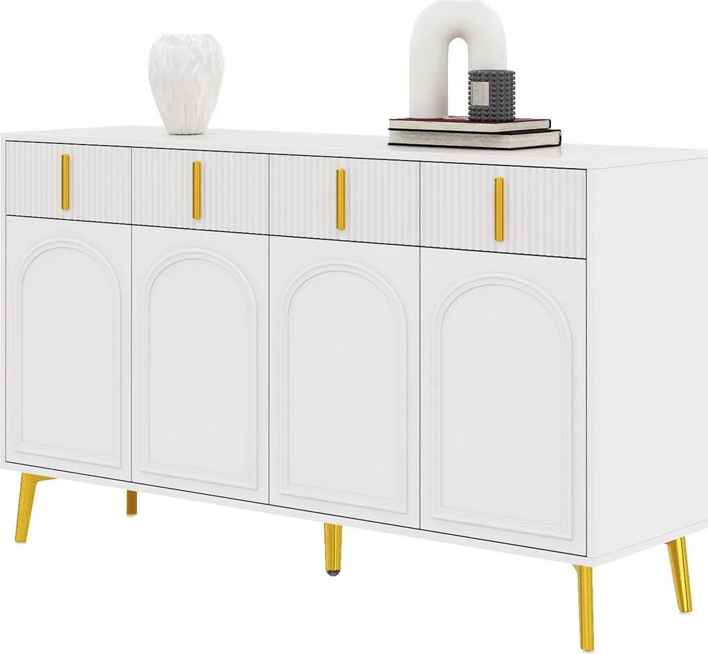 Meuble de Rangement Cuisine et Salon Blanc, 4 Tiroirs et 4 Portes