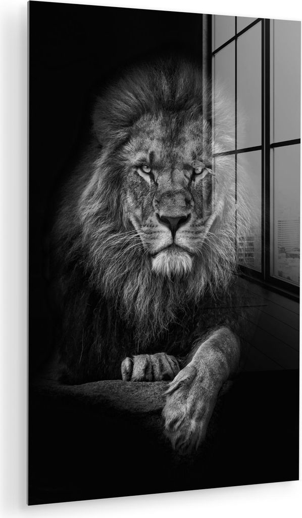 MuchoWow Glasbilder - Bilder auf Wandbild - Foto auf Glas Löwe - Tiere - Schwarz - Weiß 40x60 cm Wanddekoration aus Glas - Acrylglasbild - Acrylb...