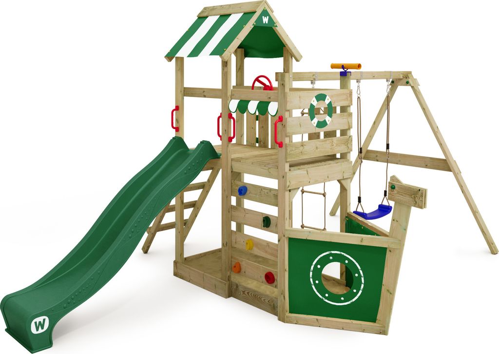 WICKEY Spielturm Klettergerüst SeaFlyer mit Schaukel & Rutsche, Baumhaus mit Sandkasten, Kletterleiter & Spiel-Zubehör - grün
