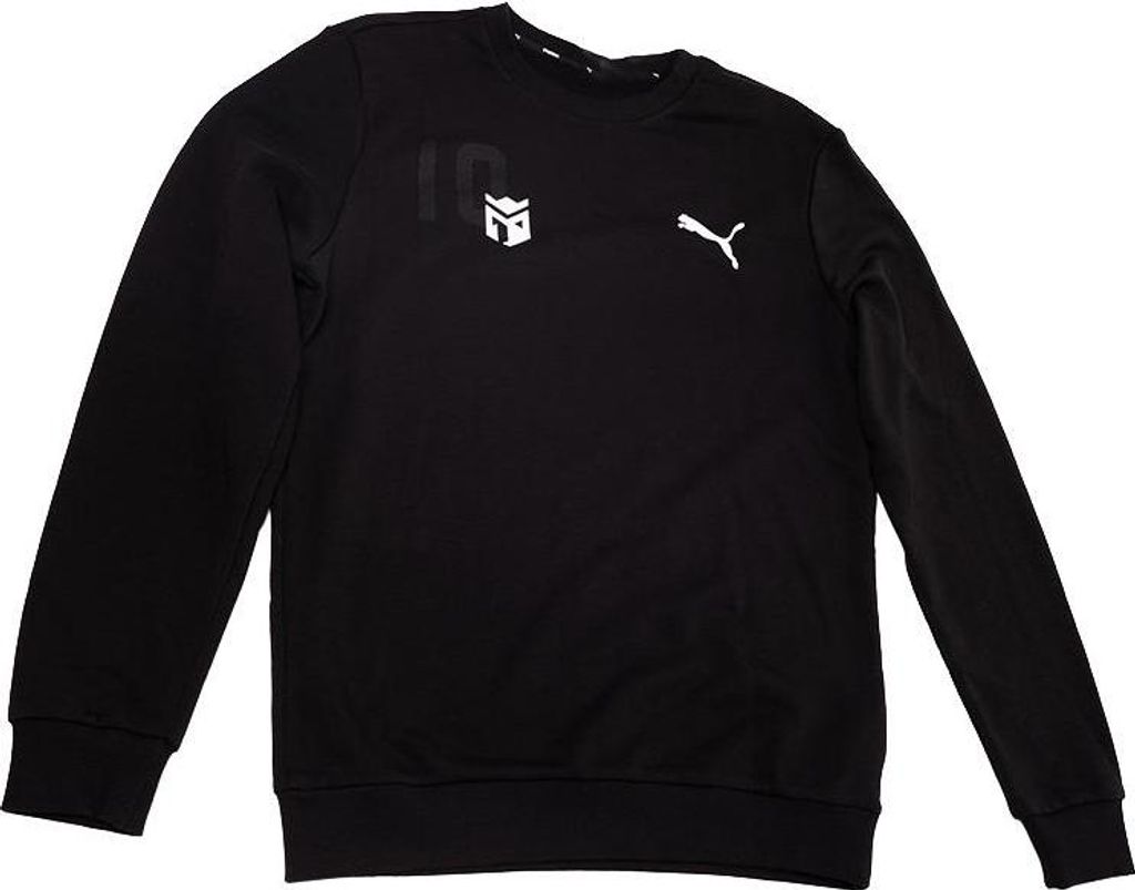 A black crew neck sweatshirt with white logos on the chest.