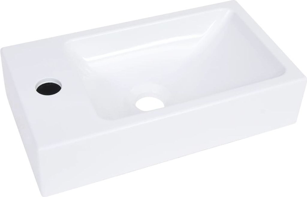 A white rectangular sink with a hole for a faucet and a drain.