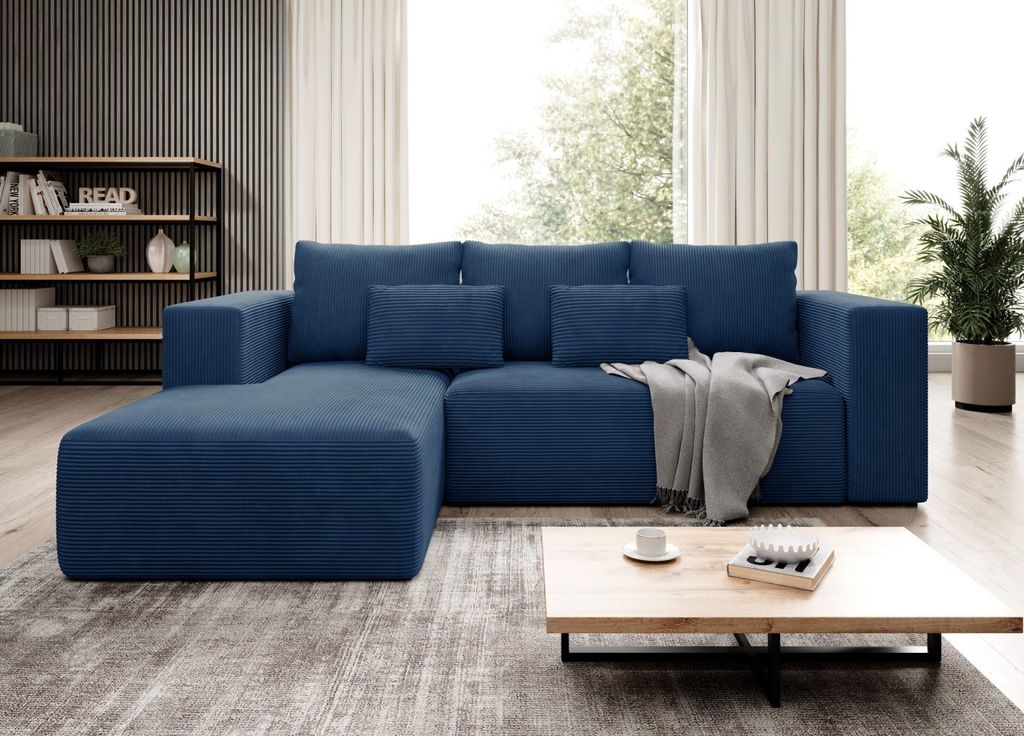 Easy4You Ecksofa Marineblau Stripes L-Form in Kord – 255 cm - Schlafsofa mit Bettzeugbehälter und Schlaffunktion - Eckcouch mit Stauraum - Links...