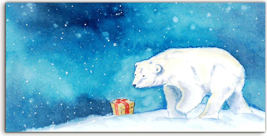 Coloray Canvas 100x50 Wandbild Leinwand Bilder Eisbär findet ein Geschenk im Schnee