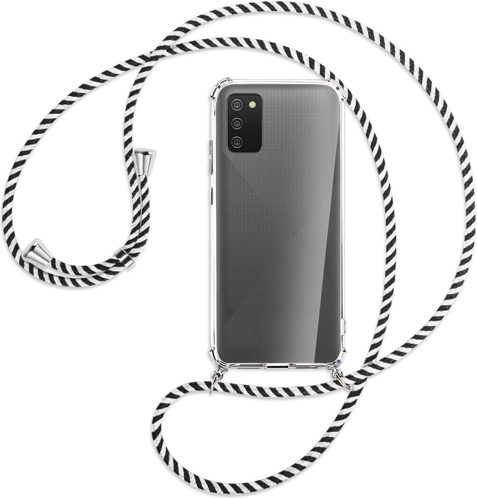 Handykette Backcover-Schutzhülle mit Band (Metall silberfarben) für Samsung Galaxy A02s - schwarz/weiß gestreift