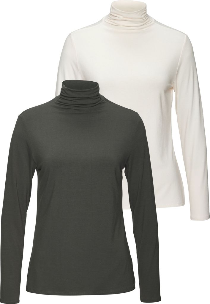 LASCANA Stehkragenshirt 2 -teilig graugrün, creme Größe 40/42