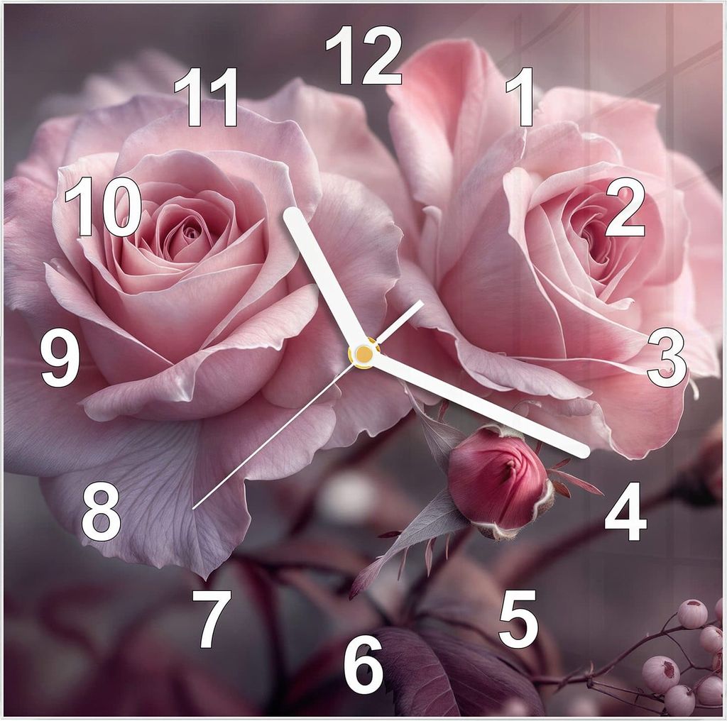 Wanduhr aus Glas mit Motiv Romantische Rosen- 30 x 30 cm - inkl. Aufhängesystem