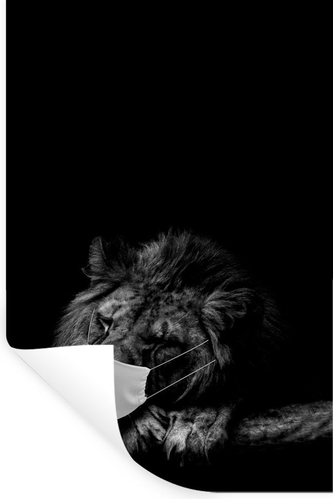 MuchoWow Wandtattoo Wandsticker Wandaufkleber Löwe mit Mundschutz - schwarz und weiß 60x90 cm Selbstklebend und Repositionierbar - Sticker - De...