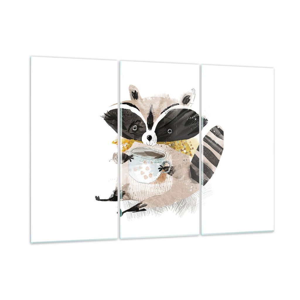 Bilder auf glas - 3 Teile - Waschbär Tasse Kinder - 105x70cm - Glasbilder - Wandbilder - Bilder - zum Aufhängen bereit - Wanddekoration aus Glas ...