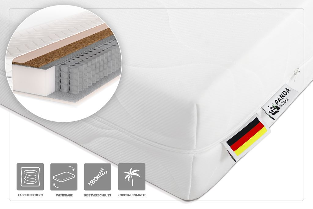 A close-up view of a mattress with an inset showing its internal layers and icons detailing its features.