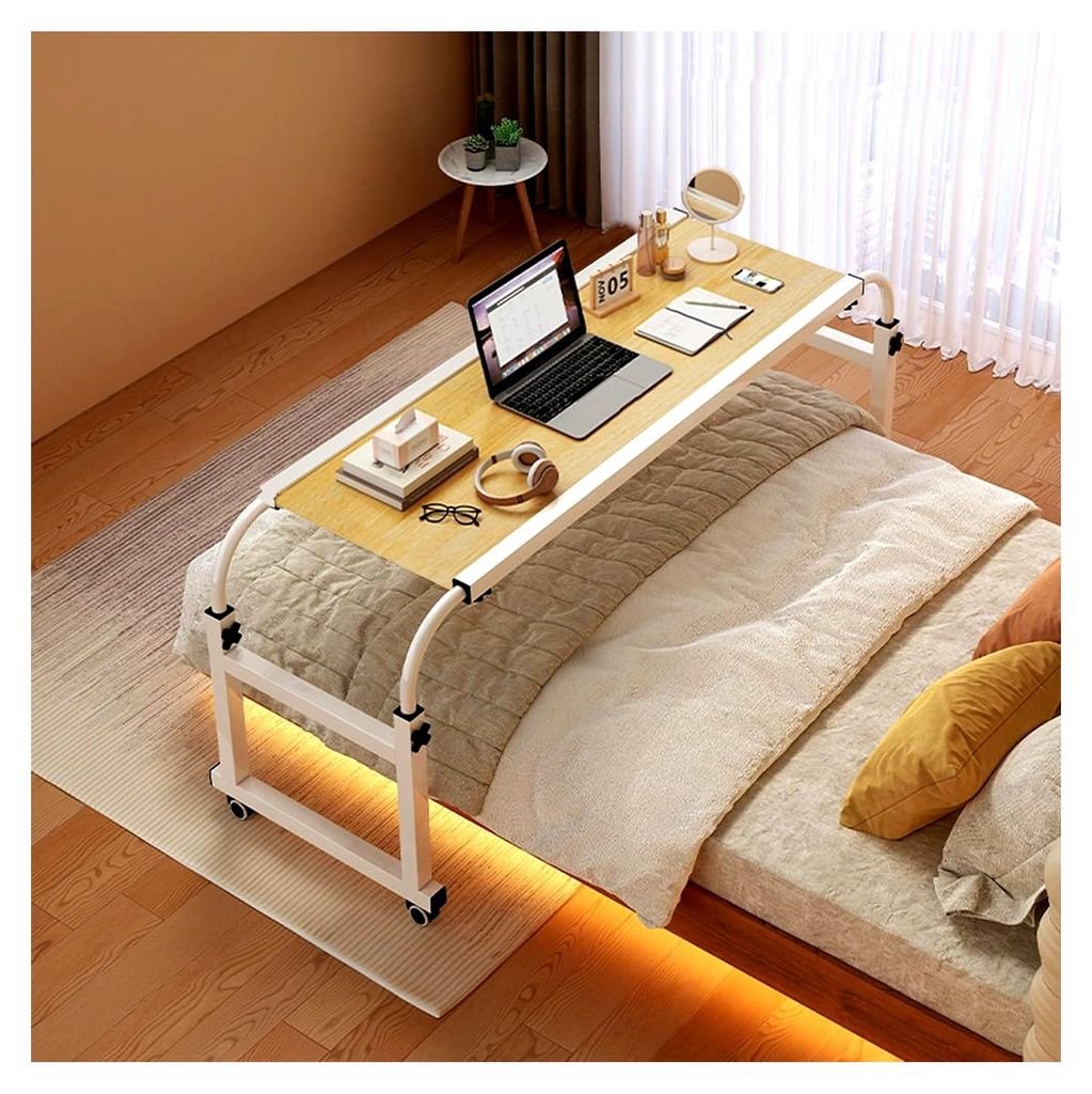 Überbett-Schreibtisch mit Rädern, höhenverstellbar, mobiler Computer-Schreibtisch in Quee-Größe, Eiche, 140 cm