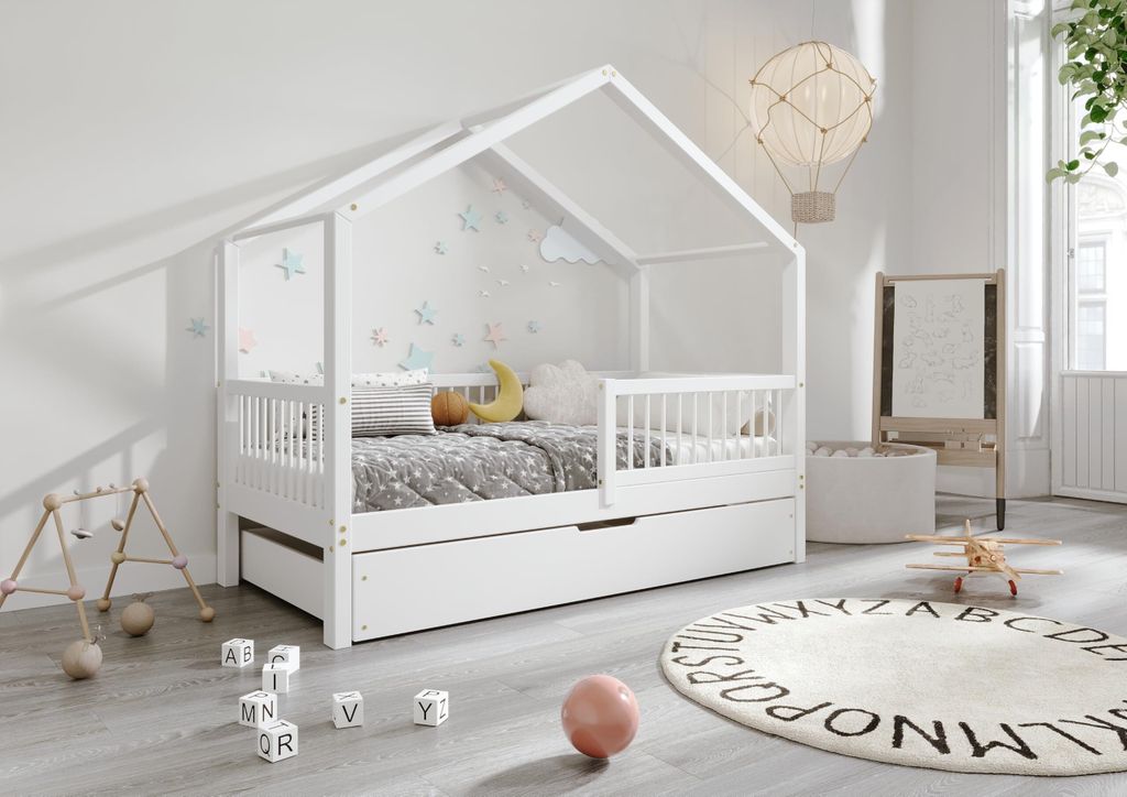 TIMBEE MURLO Box Hausbett Kinderbett Holz Bett mit Schublade - Weiß - 80x160cm