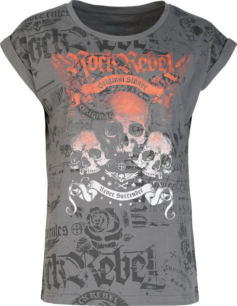 Rock Rebel by EMP Damen graues T-Shirt mit Alloverprint in angenehm, weicher Qualität XXL