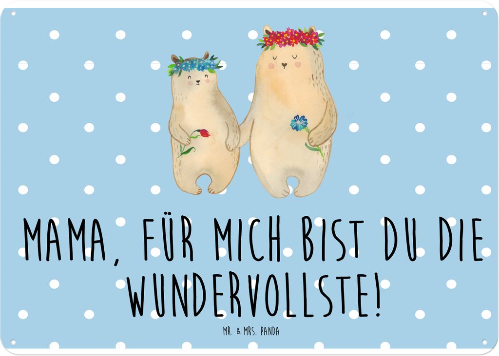 Mr. & Mrs. Panda Wandbild Bären mit Blumenkranz DIN A4 - Blau Pastell - Geschenk, Mama, Kinder, Blechschild, wandtafel, Muttertag, Schild, Türsch...