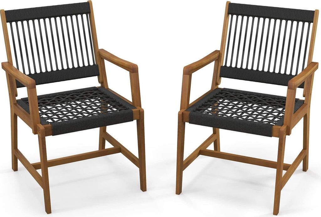 Two outdoor chairs are shown against a white background.