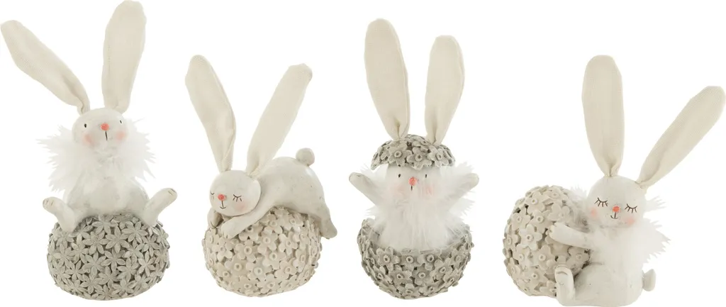 Déco Pâques Chic Lapin Blanc et Gris J-Line Set 4 pour Petits Espaces