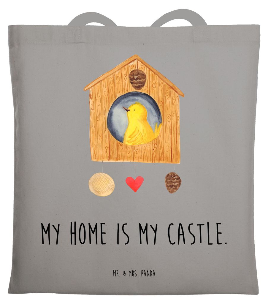 Mr. & Mrs. Panda Tote Bag Vogel Haus - Light Grey - Geschenk, Shopping Tasche, Schultasche, Büchertasche, Vogelhäuschen, Lustige Sprüche, Laptop...