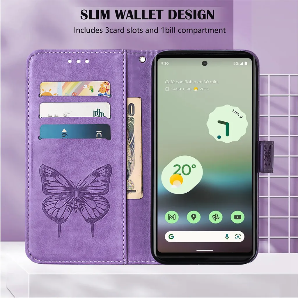 Custodia Google Pixel 6A Viola a Libro - Farfalla 3D in Pelle PU - 3