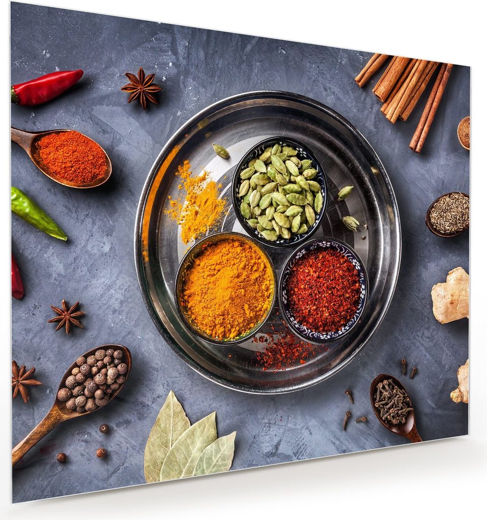 Glasbild Wandbild Teller mit Gewürzschalen 60x50cm in XXL für Wohnzimmer, Schlafzimmer, Badezimmer, Flur