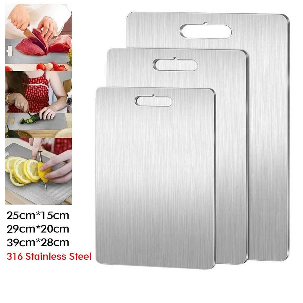 A collage of images showing different uses of cutting boards, alongside a product shot of three stainless steel cutting boards of varying sizes.