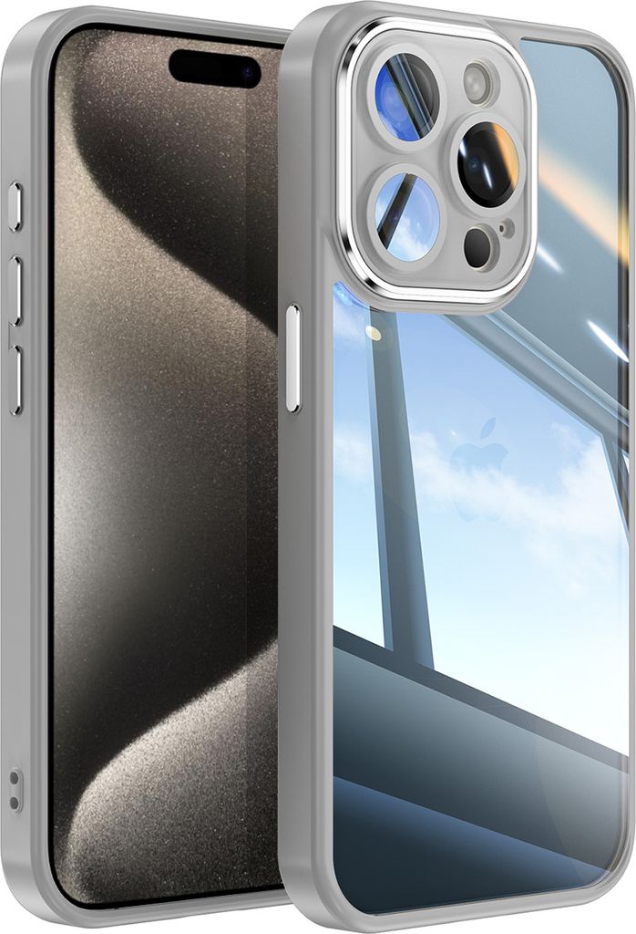 Handyhülle für iPhone 15 Pro Max Hybrid Transparent TPU PC Militärschutz mit Kameraabdeckung Grau