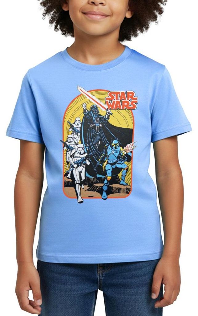 Star Wars Retro Darth Vader Und Stormtrooper Kinder T-Shirt, 110/116 (5-6 Jahre), Himmelblau